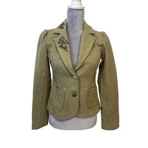 Vintage Y2K 2000s Sz SM Wool Blend Cropped Green Beaded Blazer Career‎ Preppy